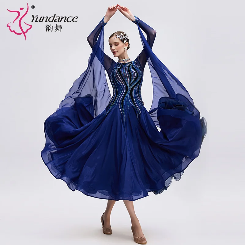 B-24143-2 Nieuwe kleur Hot Sale Internationale standaard ballroomdansjurk Hoge kwaliteit marineblauwe chiffon lange stijldansjurk