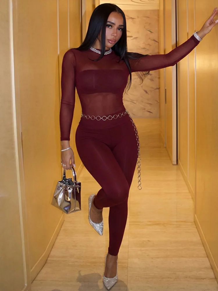 Sibybo Sexy See Through Mesh Women Pants Set Round Neck Long Sleeve Top High Waist Skinny Pants Outfit Casual Club Matching Set