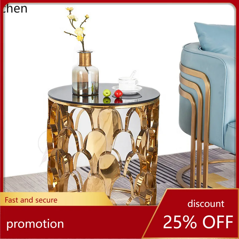 CZ Simple Stainless Steel Fish Scale Pattern Coffee Table Glass Artificial Marble Top Small Coffee Table Modern Round Side Table