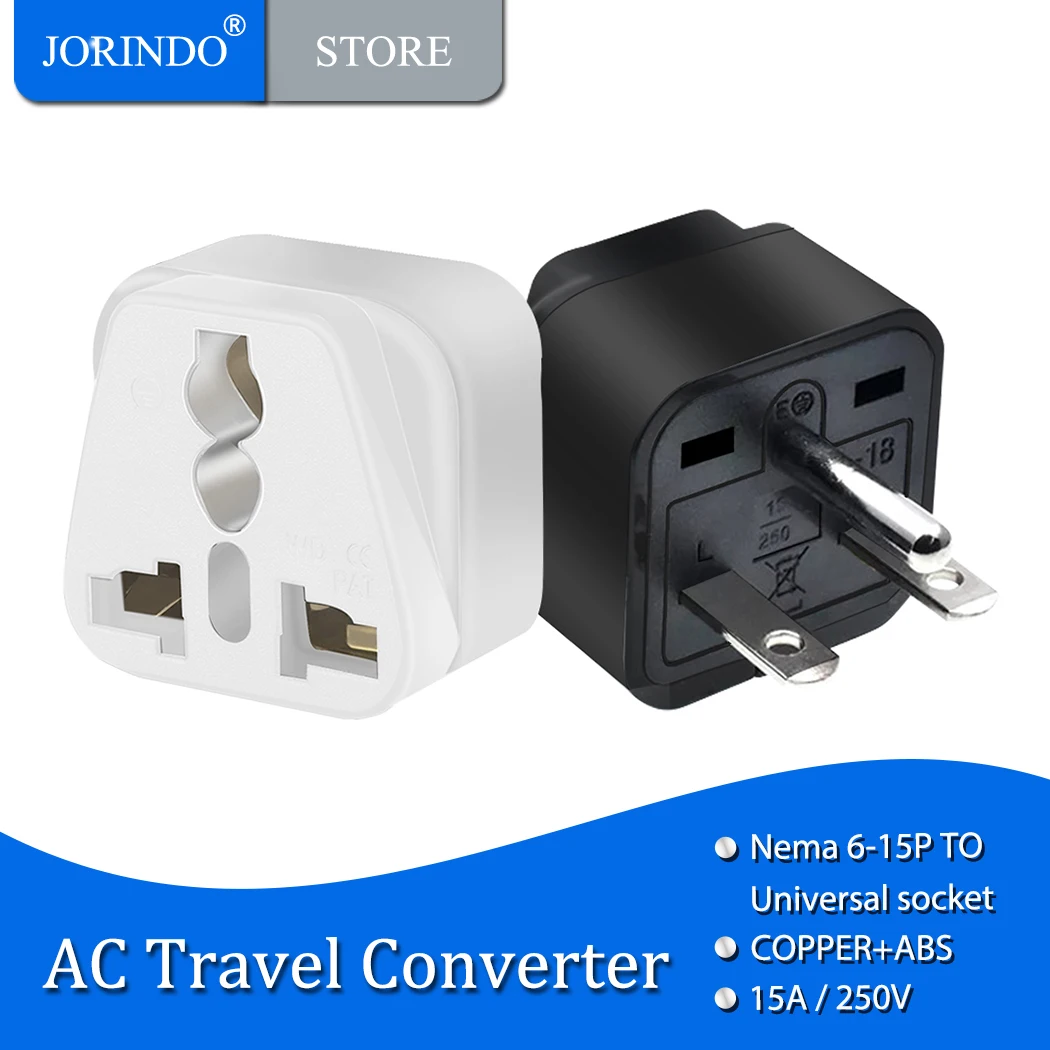 Jorindo NEMA 6-15P 250V ทองแดง15A สากลอเมริกาปลั๊ก3ขา AC เราแคนาดาญี่ปุ่น adaptor Traveling