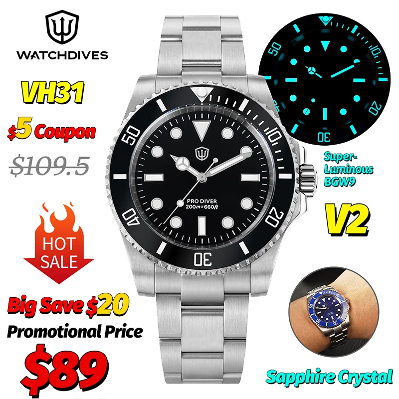 

Watchdives WD1680Q V2 Quartz Watches Man VH31 Sweep Movement Sapphire Luminous BGW9 316L Stainless Steel 200M Waterproof Watch