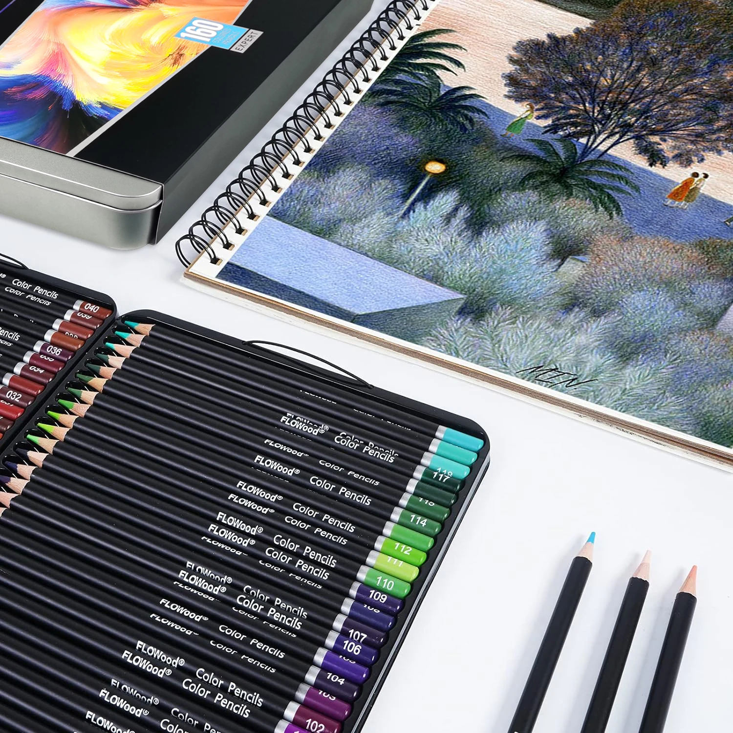 Conjunto de lápis de cor de artista 160, lápis de desenho de arte numerado profissional de núcleo macio para esboçar sombreamento mistura artesanato, lata