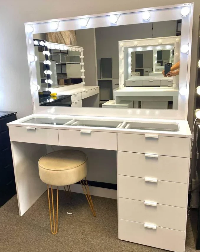 Glass Top White Vanity Set 7 Drawers Vanity Table With Lights Mirror Vanity Mirror Dressing Table