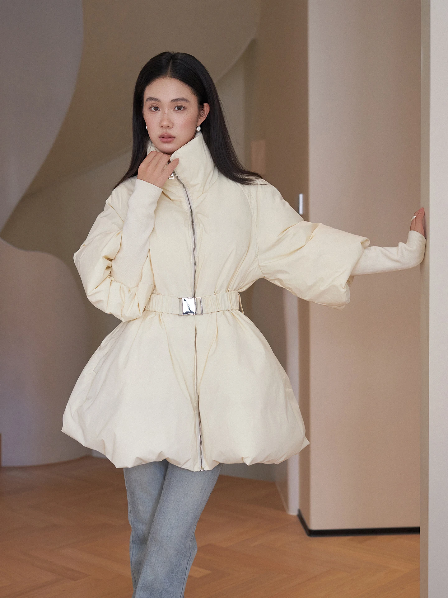 

Ele Winter White Du down Jaet Stand Collar A-Line Waist Design Long Sve High Waist Zipper Closure Color