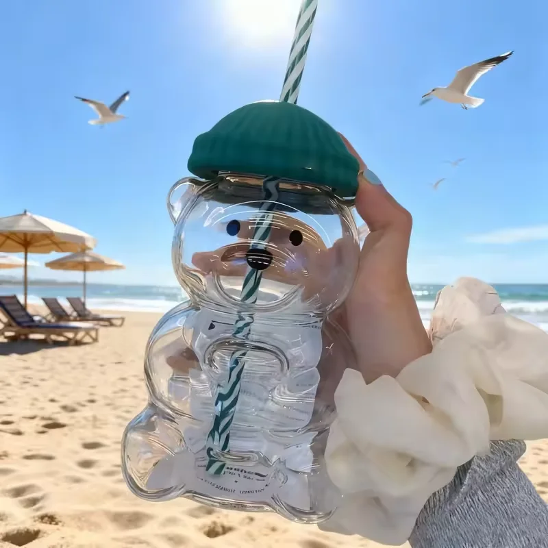 

Bear Shape Plastic Or Glass Cup With Straw Coffee Mug Cute Cartoon Creative Glass Juice Cup Tea Cup Drinkware New Year Decor ﻿