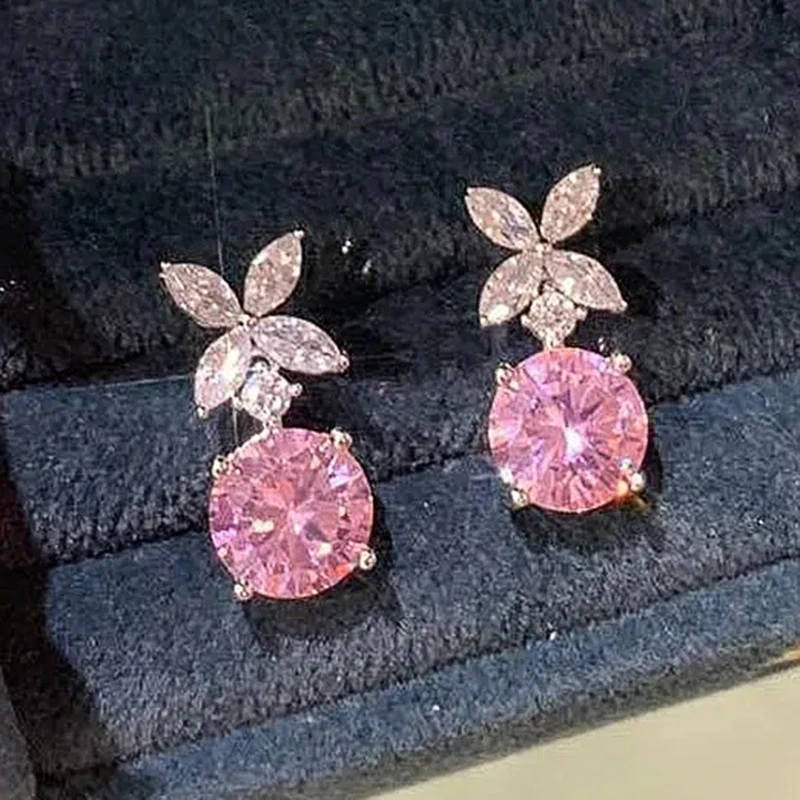 Huitan Exquisite Flower Dangle Earrings Pink Cubic Zirconia for Women Silver Color Temperament Sweet Accessories Fashion Jewelry