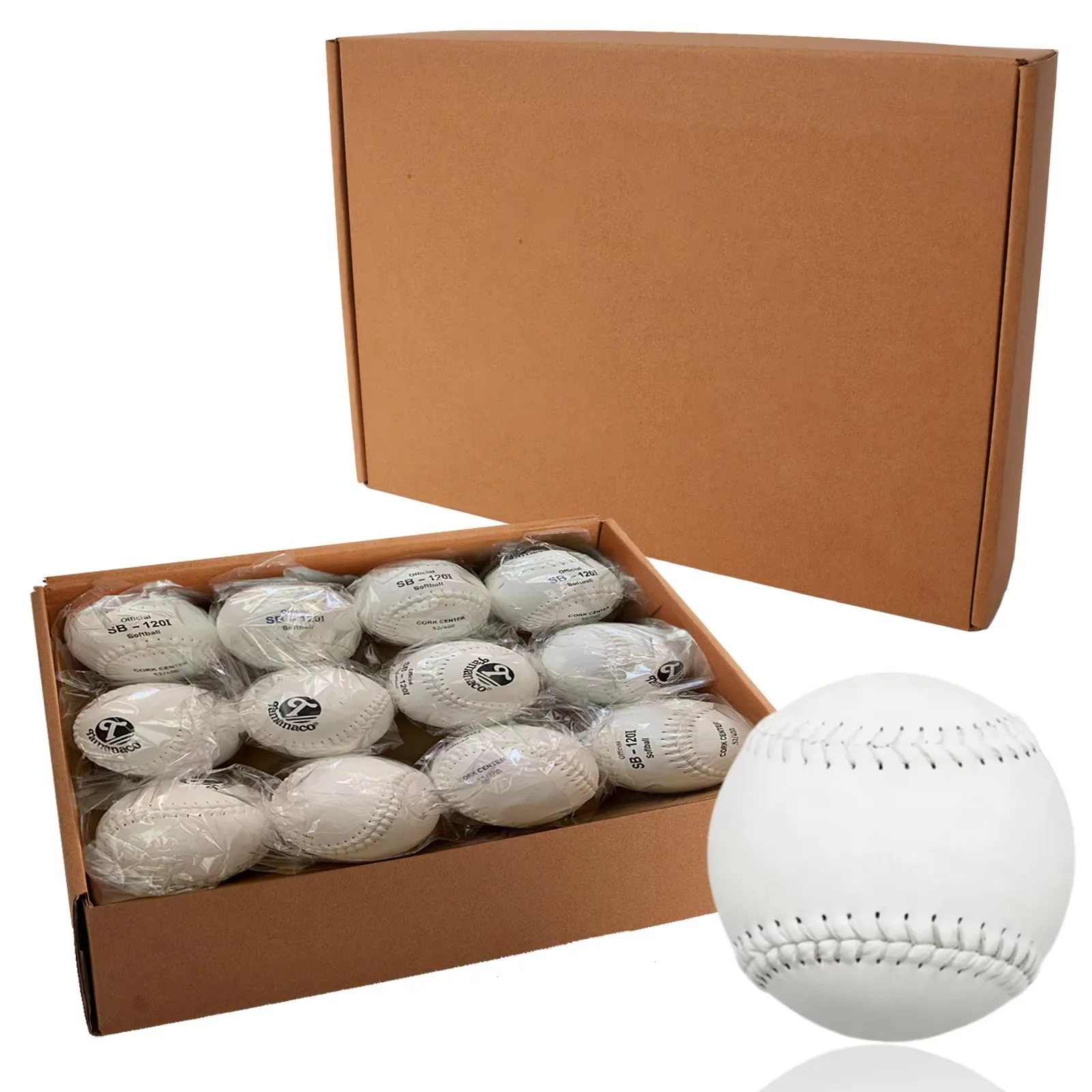 Custom White Split Leather Slow Pitch Softballs .52/400 Cork Core 12 Inch Training Practice Softball Balls