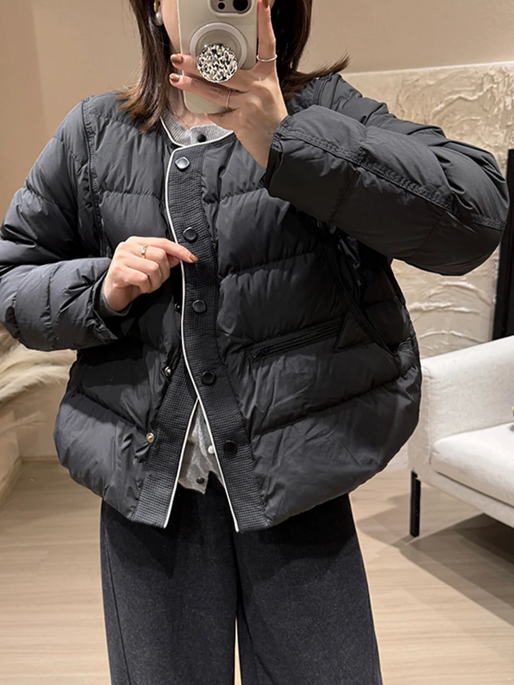 2025, Herbst und Winter, neue Damen-Rundhals-Einreiher, kurze weiße Entendaunenjacke, einfarbig, lässiger Mantel