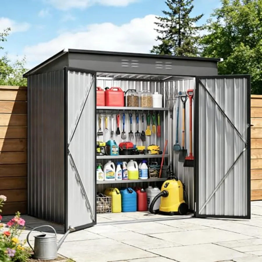 6 x 4 FT outdoor storage shed for backyard garden patio and lawn, metal construction with sloping roof and lockable door, grey