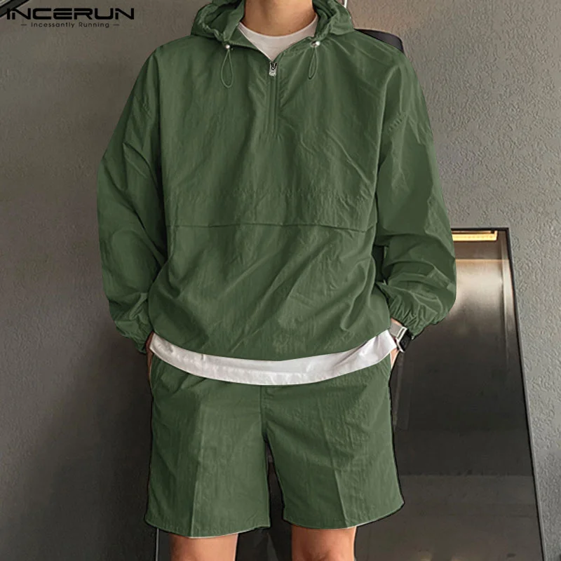 INCERUN 2024 Korean Style Sets Fashion Men Hooded Sweatshirt Shorts Csual Streetwear Male Hooded Sweatshirt Two-piece Sets S-5XL