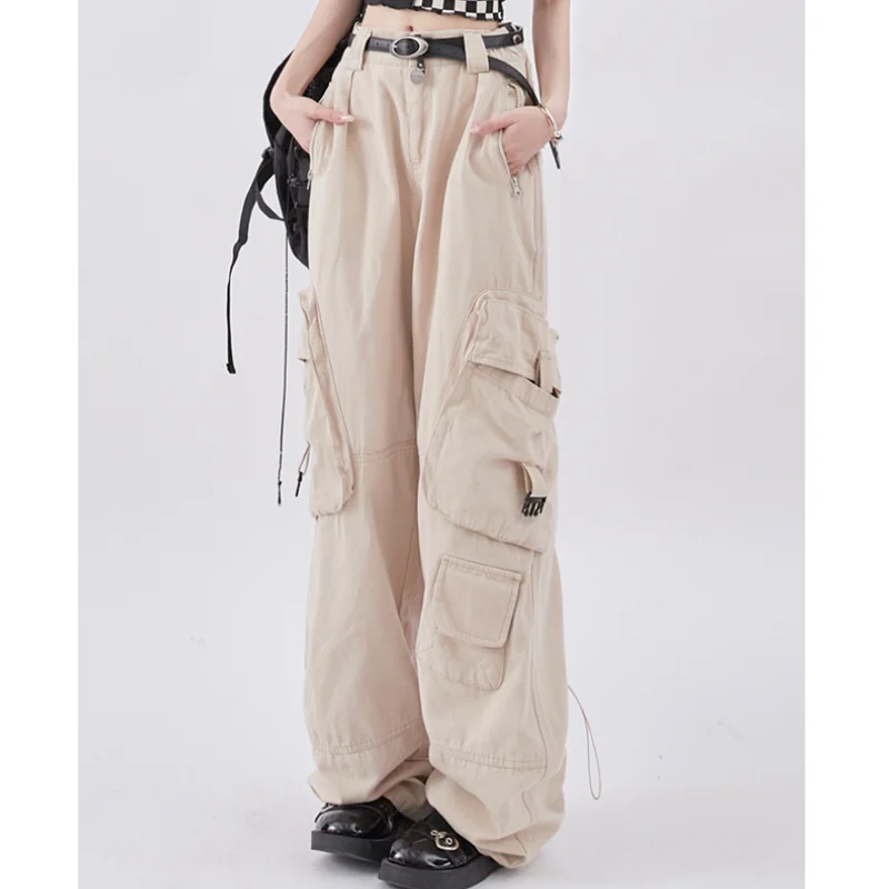 Women Apricot High Waist Cargo Pants Vintage Fashion Leisure Straight Wide Leg Pants Street Female 2023 Summer Mopping Trouser