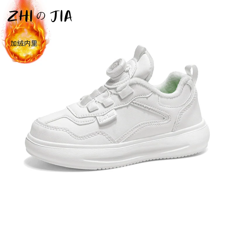 Popular Children's Winter Leather Casual Shoes Outdoor Plush Warm Sneaker Boys and Girls Campus Hiking White Footwear 28-40