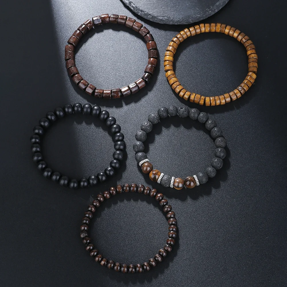 Best-selling Multi-layer Buddha Wood Bead Bracelets Sets Men\'s Retro Style Multi-layer Elastic Thread Adjustable Wooden Bracelet