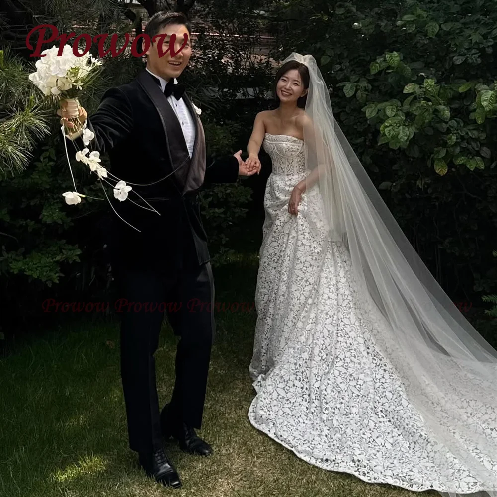 

Prowow Luxury Lace A Line Wedding Dresses 웨딩드레스 Strapless Bridal Gowns Customized Lace-up Photos Shoot Sweep Train
