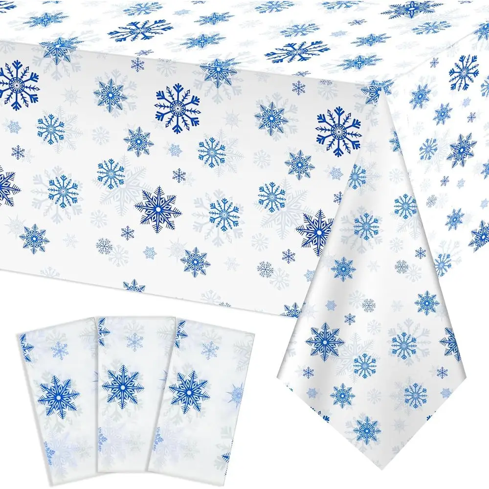 Winter Holiday Snowflake Tablecloth Set, 54x108 Waterproof Disposable White & Blue for New Year Party Decor