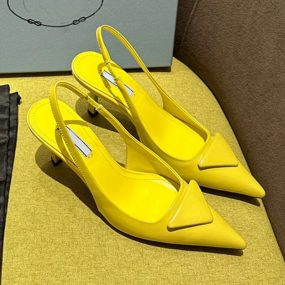 

Shoes Yellow polish leather Slingback Pumps shoes padded Evening point toe Heels sandals 75mm women heeled Luxury Designer Dress
