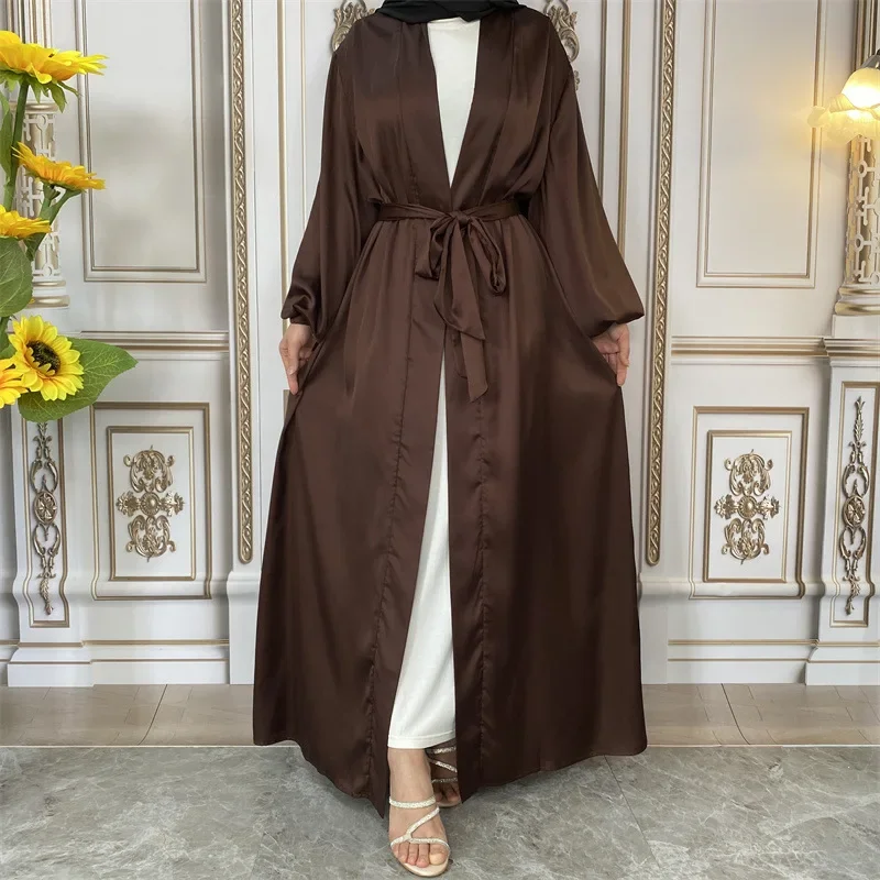 

Satin Open Abaya Kimono Balloon Sleeve with Ribbon Muslim Fashion Hijab Dress Arabic Abayas for Women Dubai Islam Eid Mubarak