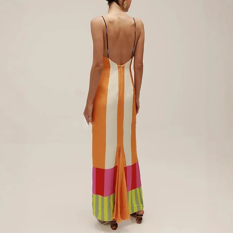Femme printemps rayé imprimé Patchwork robe de vacances Sexy Slash cou taille haute mince longue robe d'été dos nu fermetures éclair Boho robe d'été