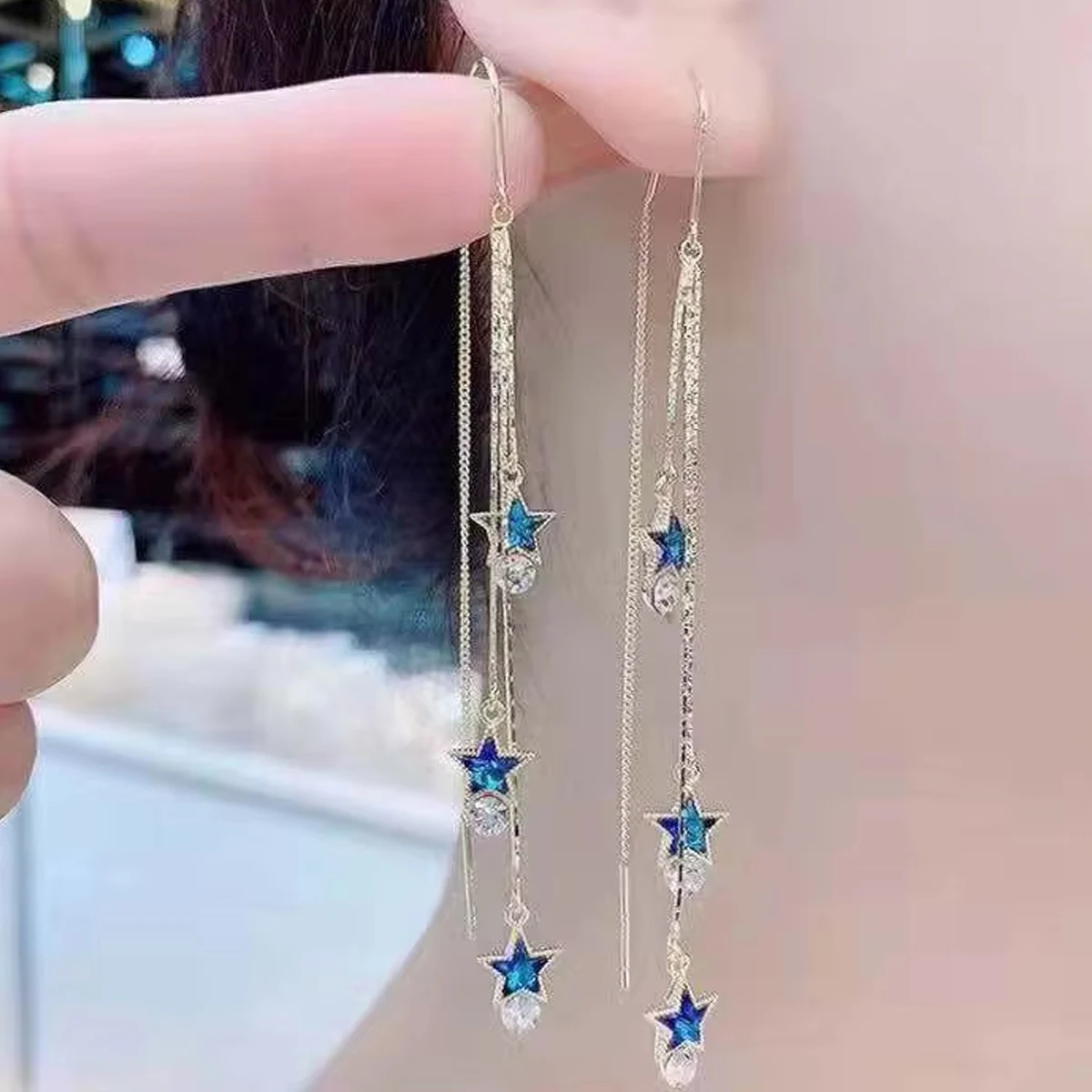 1 Pair Blue Color Heart Shaped  Earrings For Women Light Luxury Long Tassel Ear Wire Dangle Earring Ladies Wedding Party Jewelry image 3