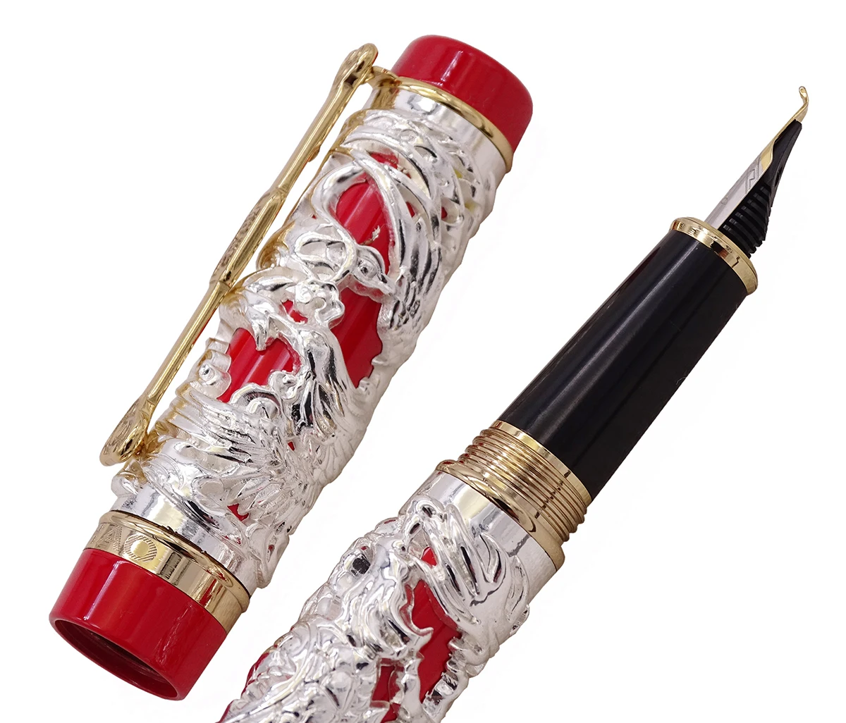 

Jinhao Vintage Luxury Calligraphy Fountain Pen Bent Nib Dragon Phoenix Full Metal Silver & Red Carving for Art Office Gift