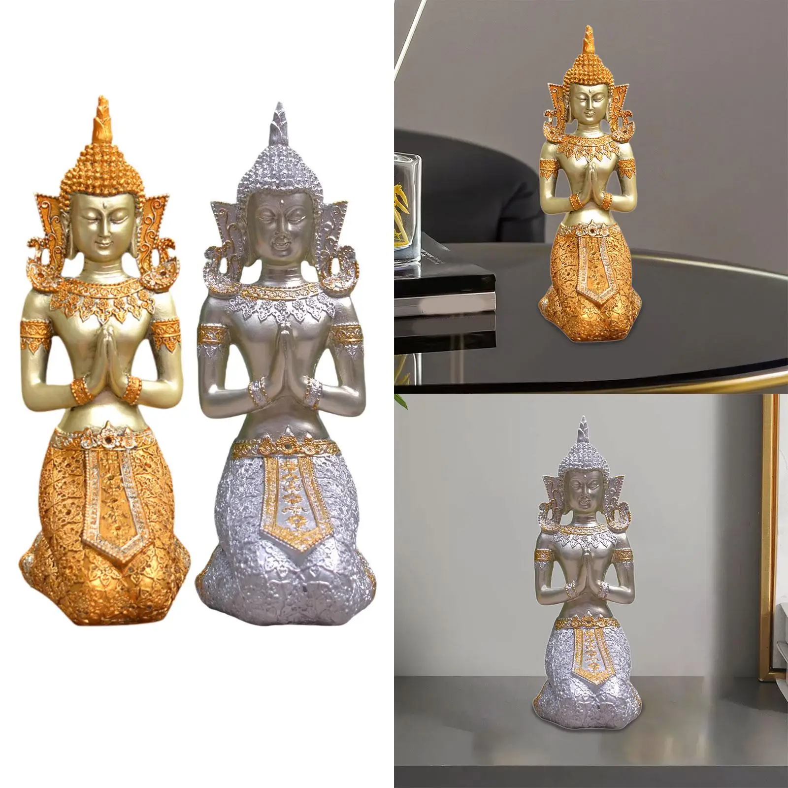 Buddha Statue Thai Buddha Figurine Fengshui Resin Kneeling Praying Statue Sculpture for Shelf Office Cabinet Living Room Home