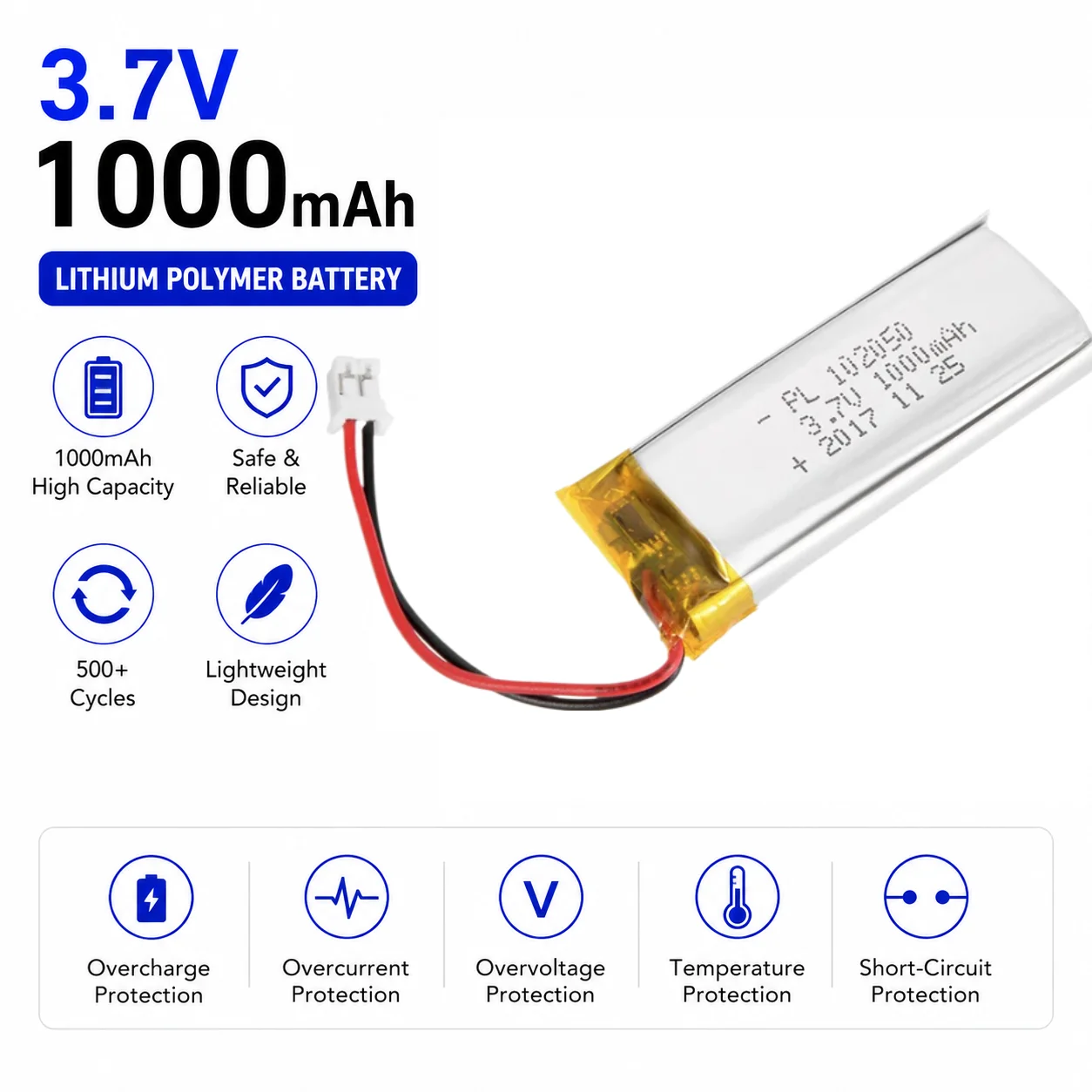 102050 3.7V Lipo Cells 1000mah Lithium Polymer Rechargeable Battery for MP3 GPS Recording Pen LED Light Beauty Instrument
