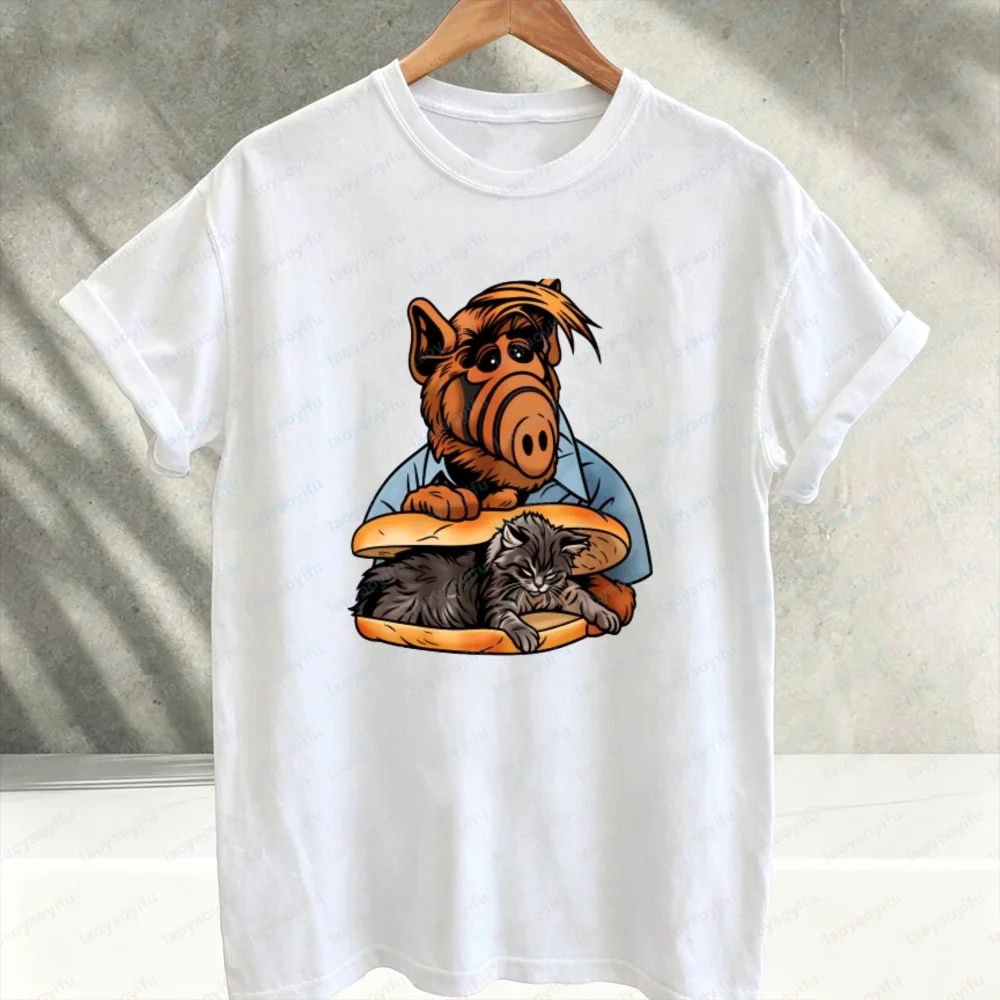 Retro 80s ALF Alien Life Form Funny Cat Sandwich Parody Graphic T‑Shirt Vintage Cartoon Kitten Bread Print Cotton Casual Tee Top