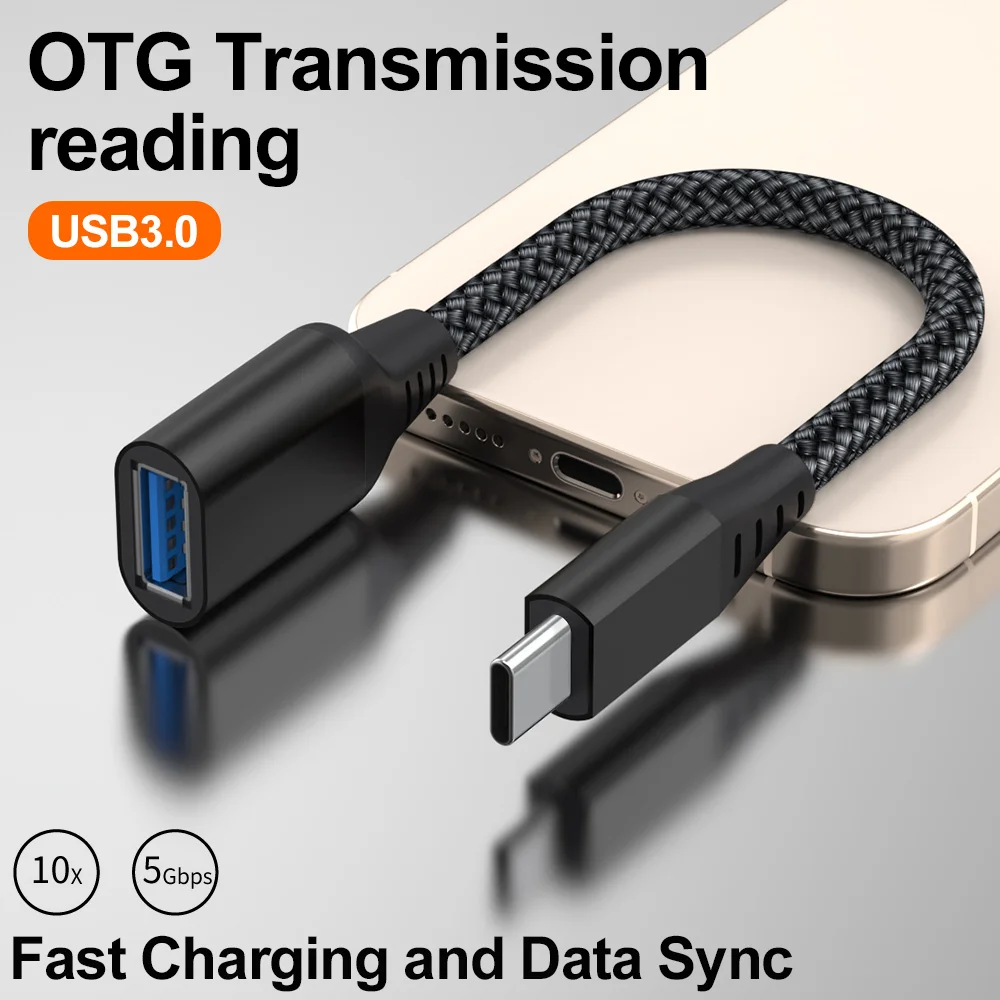 USB C OTG Cable USB 3.0 Type C Male to USB A Female Adapter Fast Charging Data Sync Braided 0.2M for Phone Tablet