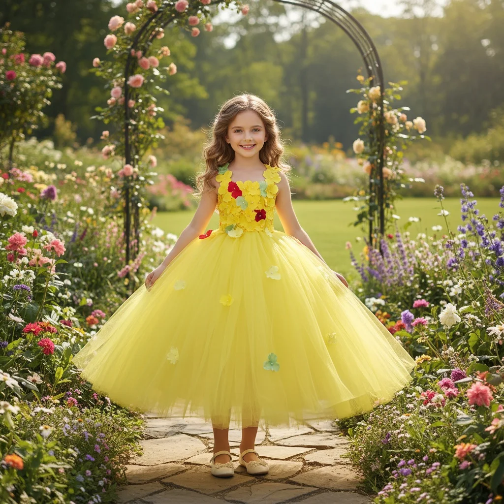 Quality Pink Princess Flowers Petal girl wedding dress girls Tulle Fuffy party Formal dress Princess Tutu Dress vestidos