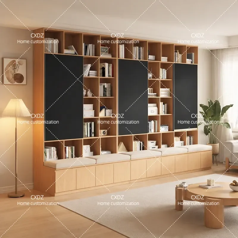 Solid Wood Oak Bookcase with Integrated Card Seat Sliding Door Blackboard Cabinet Full Wall Living Room Study Shelf Storage