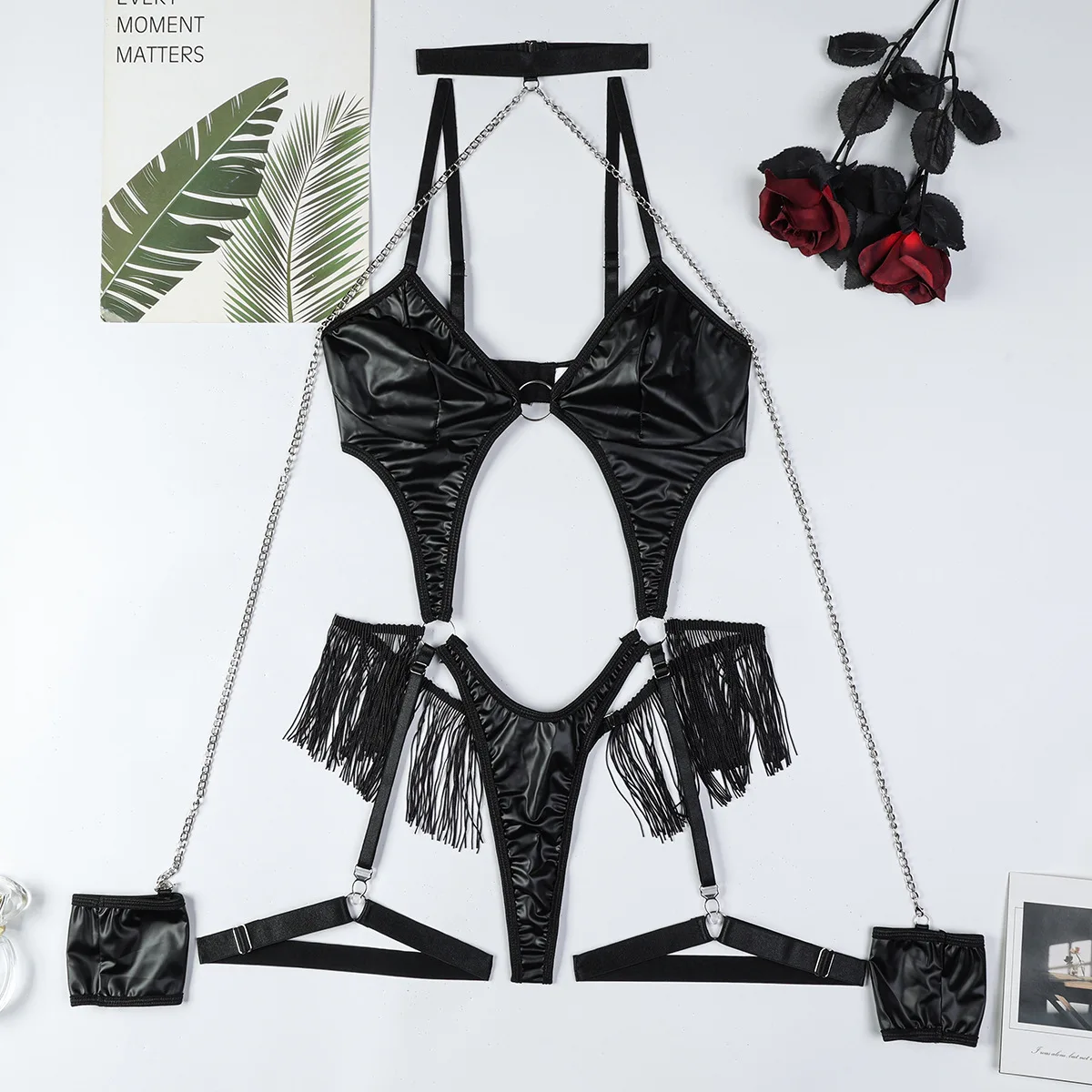 

Women Sexy PU Erotic Set Hollow Out Tassel Lingerie Bodysuit Party Club Underwear Pornos Suit Sexy Costumes