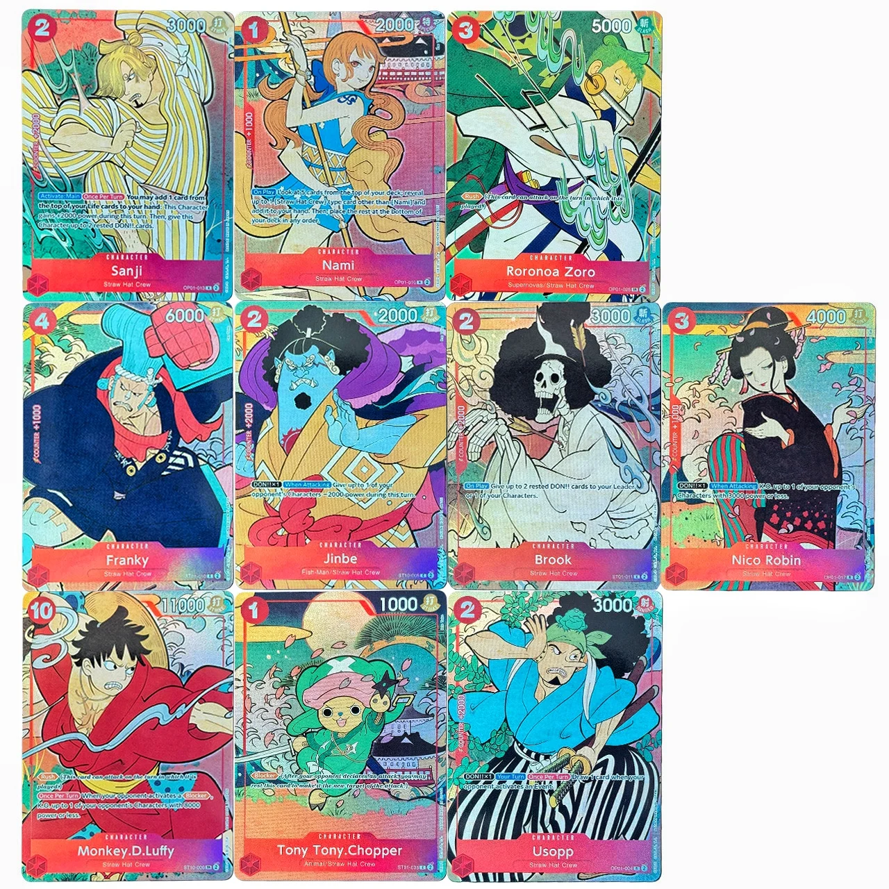 

10 шт. DIY коллекционные карты One Piece OPCG (версия для США) к 1-й годовщине, иризирующие голографические карты с Монки.Д.Луффи, Санджи, Джинбом