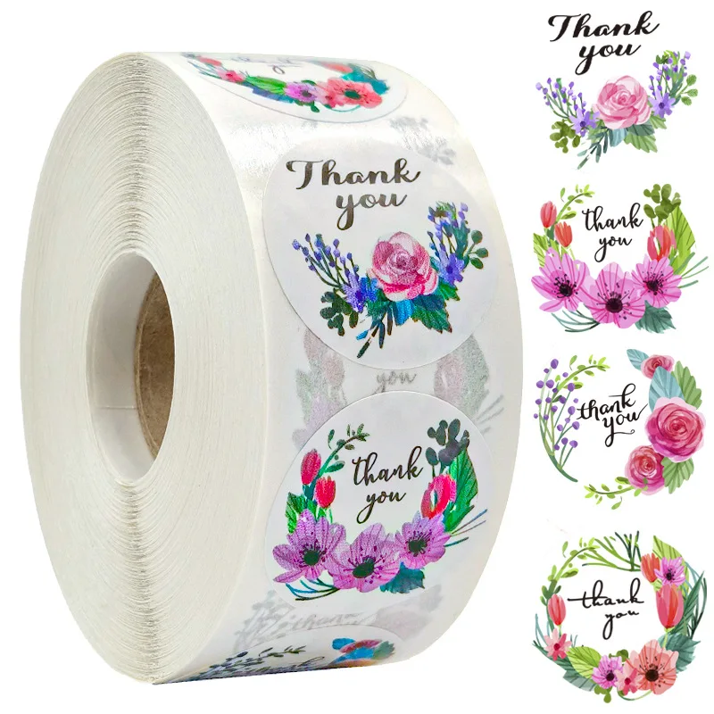 50pcs 1'' Paper Hand Made stickers Round Floral Thank You Stickers  for Baking Envelope Business Seal Labels Stationery Sticker