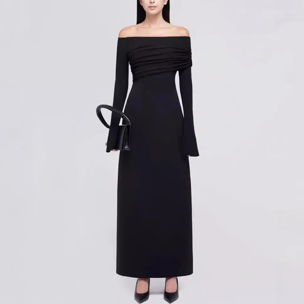 TWOTWINSTYLE Solid Elegant Dresses For Women Slash Neck Long Sleeve High Waist Spliced Folds Asymmetrical Dress Female Fashion