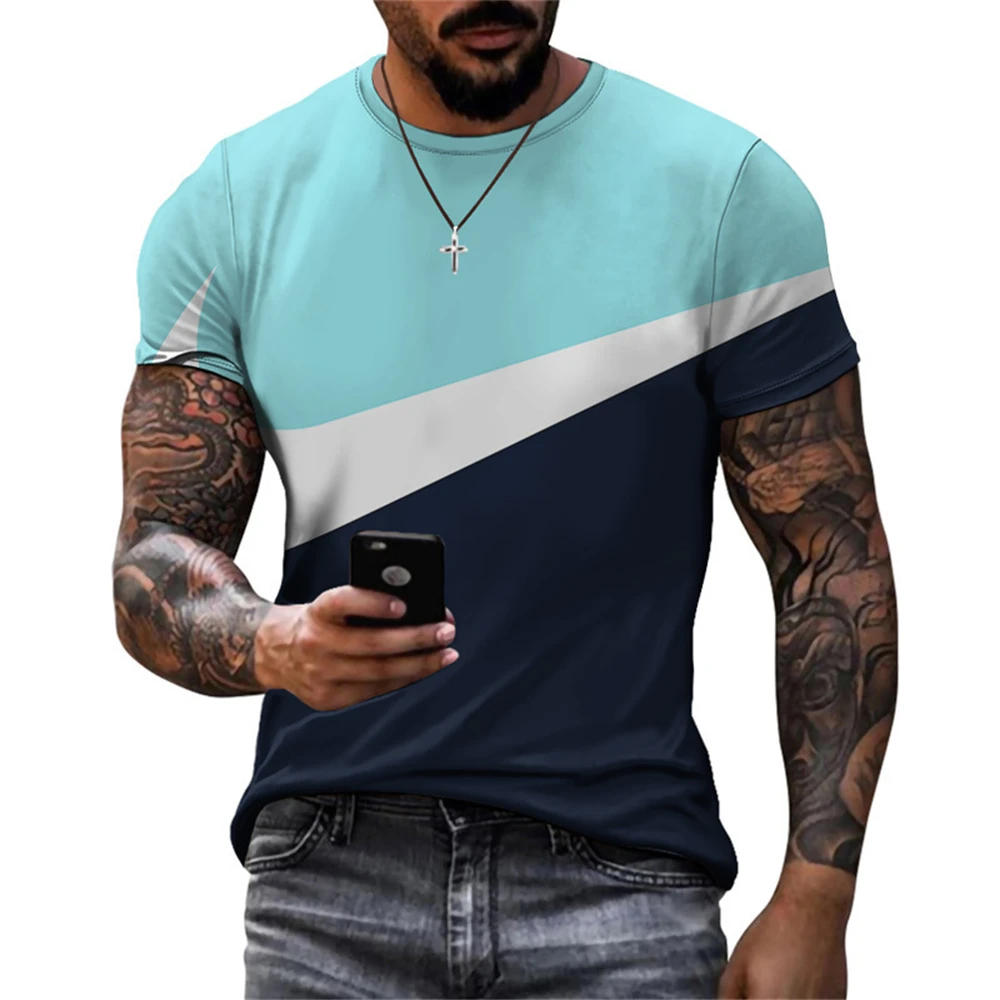 Summer Men T-Shirts Color Patchwork 3D Printed Short Sleeved Tops Tees Fashion Casual Oversized O-Neck Breathable Man Clothing