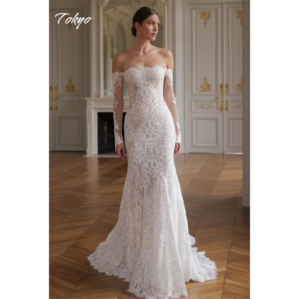Tóquio personalizado branco fora do ombro vestidos de casamento mangas compridas voltar zip tribunal trem vestidos de noiva sereia vestidos de casamento