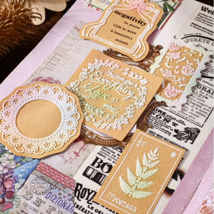 Vintage Kraft‑Paper Dimensional Sticker Set, Writable Floral Shadow Paper Decals for Scrapbooking & Journal DIY Embellishment