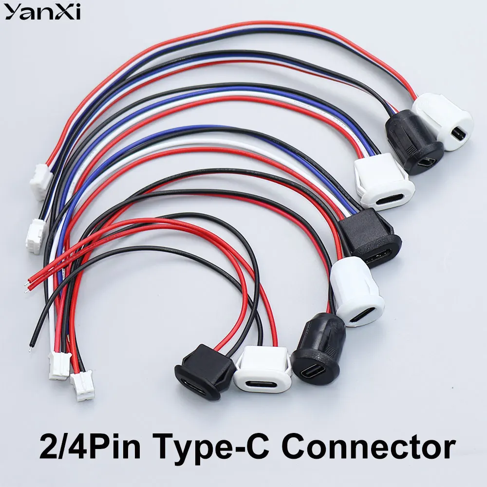 YanXi 2/4Pin Type-C Connector Female Socket Waterproof Charging Jack Port Charger Plug With PH2.0 Terminal Nut Locking 15cm Wire