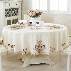 Mantel redondo para mesa de comedor, cubierta antipolvo con bordado de flores de peonía, color Beige, estilo europeo, para el hogar