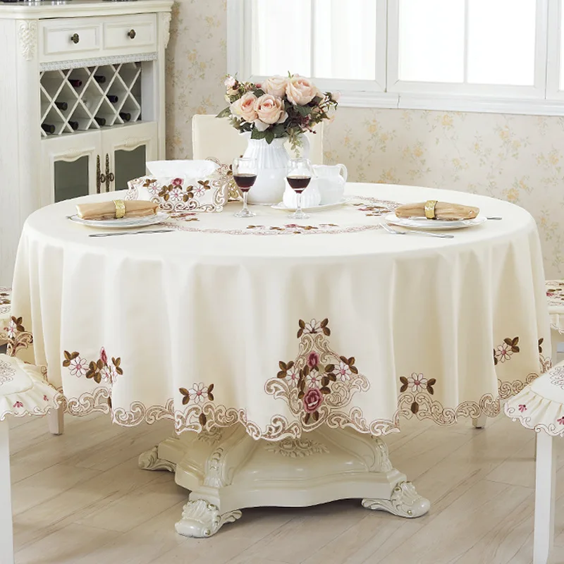 Table Cloth Round Coffee TableCloth Beige Europe Embroidery Peony Flower Dining Table Cover Tea Home Dust Cover Table Decoration