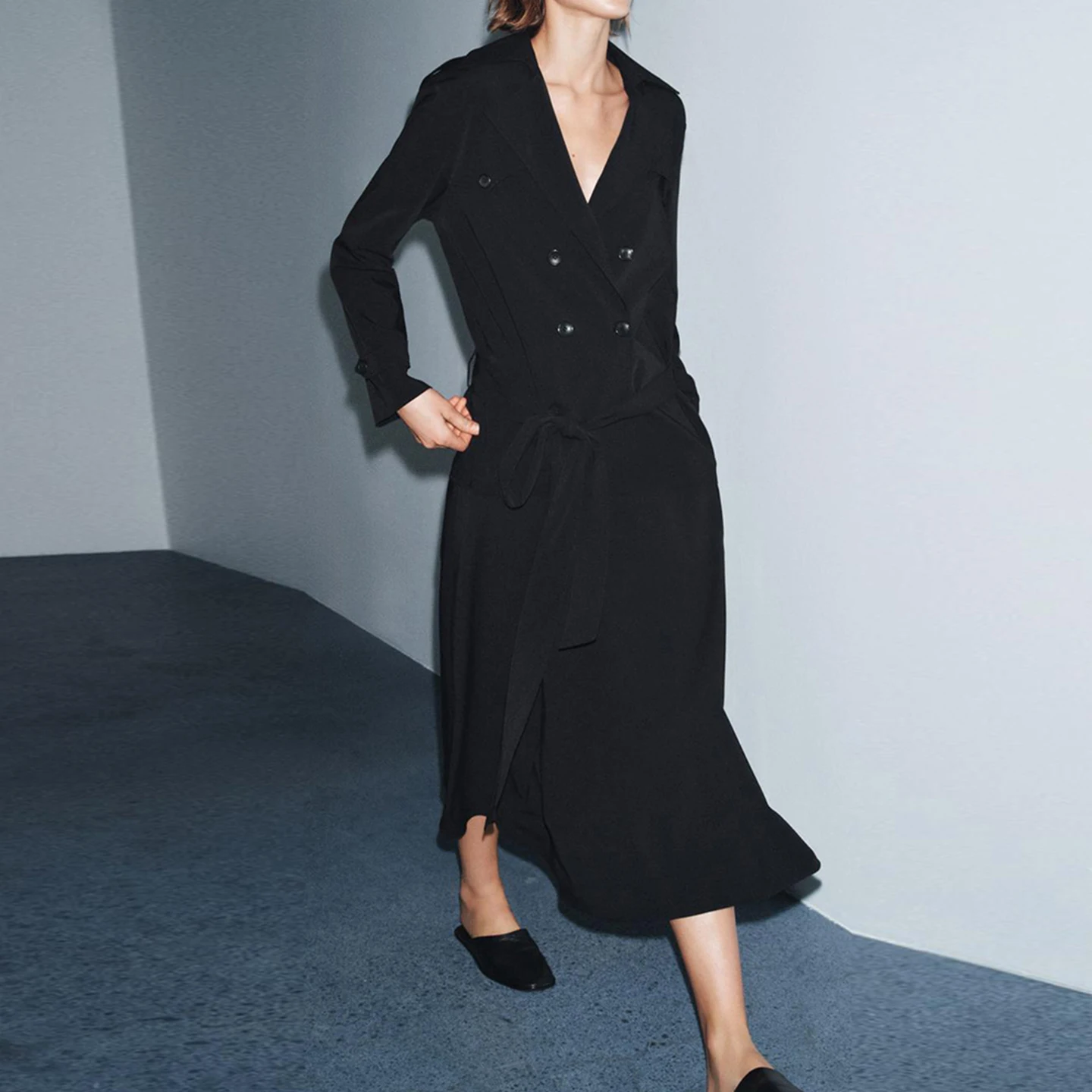 Z 2025 Winter Faionable Ele Windbreaker Sle Midi Dr Long Sve Button Closure Loose Fit Daily Wear Ladies Dr