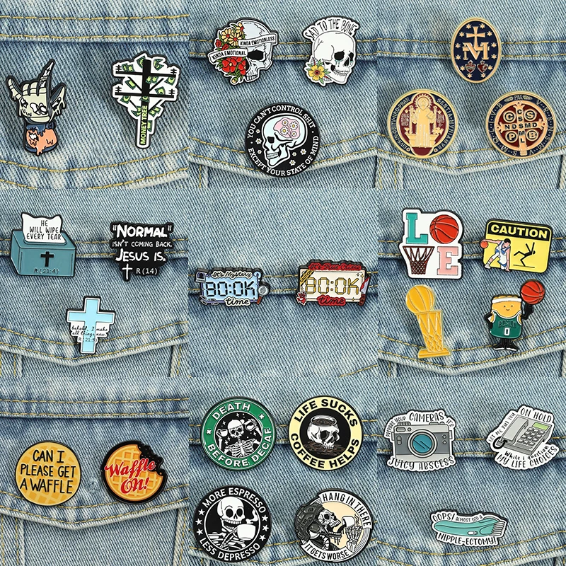 2-5pcs/set Punk Style Pins Jusus Catholicism Brooches Cool Racing Helmet Horror TV Waffles Enamel Badges Book Time Jewelry Gift