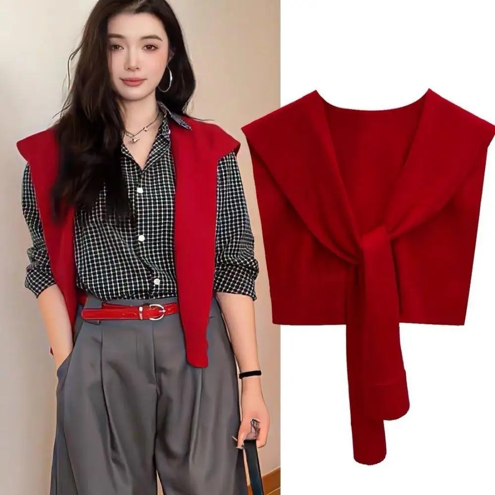 

Women Autumn And Winter Warm Scarves Fashion Simple Solid Color Knitted Shawl Korean Strappy Shawl Fake Collar Knit Knotted Cape