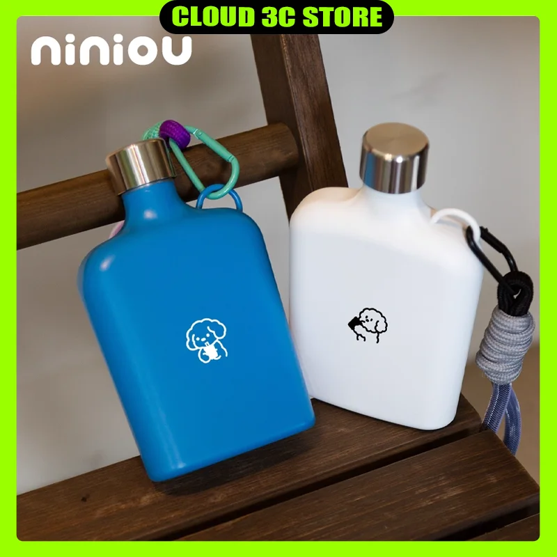 

Niniou Customized Sky Blues Dog Repair Flat Stainless Steel Kettle with Rope for Easy Access Wine Pot Coffee Water Cup Gift
