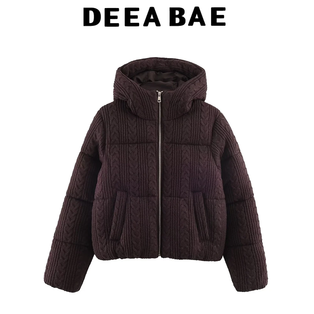 DEEABAE 2025 Winter New Arrival Commuter Stand-Up Collar Eight-Ply Knitted Hooded Thickened Cotton Jacket Coat for Women