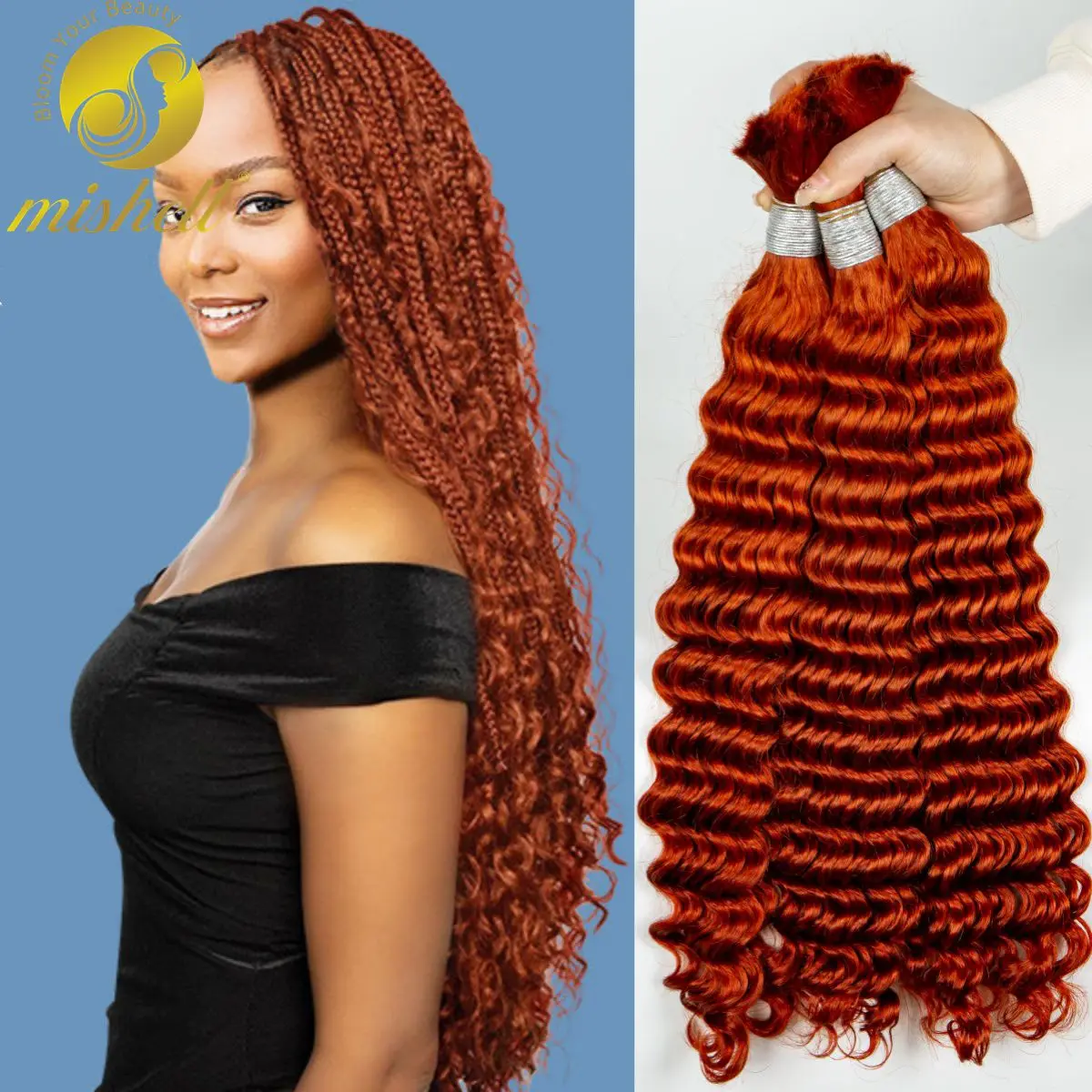 Extensiones de cabello humano para trenzas bohemias, cabello humano rizado virgen 350, color naranja jengibre, a granel, sin trama, 12A, 100%