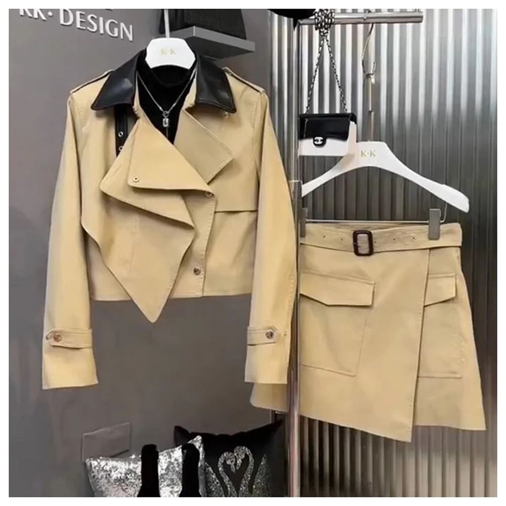 Autumn new women's clothing light luxury high-end fashion khaki windbreaker jacket short skirt  two piece sets womens outifits