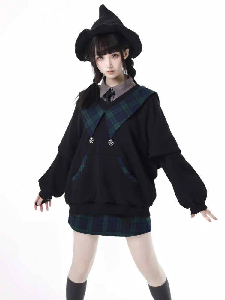 New Autumn Preppy Style Green Black Patchwork Plaid Hoodie Loose Shirt Slim Short Skirt Girl Women's Casual Skirt Set Outfits