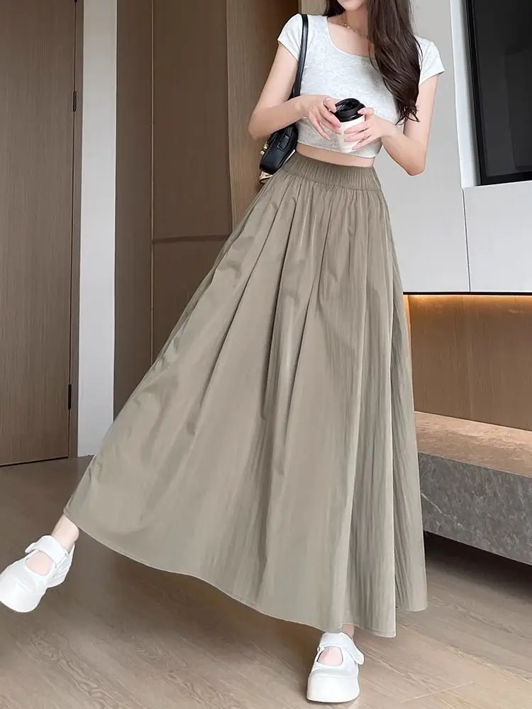 

Ice Silk Dresses Women Summer 2025 New high-waisted A-line long dress large swing umbrella skirts drape small height half skirt