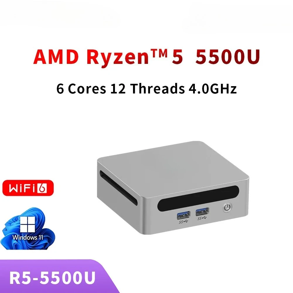AMD Ryzen 5 5500U Mini PC 6C/12T Low TDP DDR4 NVMe SSD WiFi6 BT5.2 for Gaming Office Video Editing